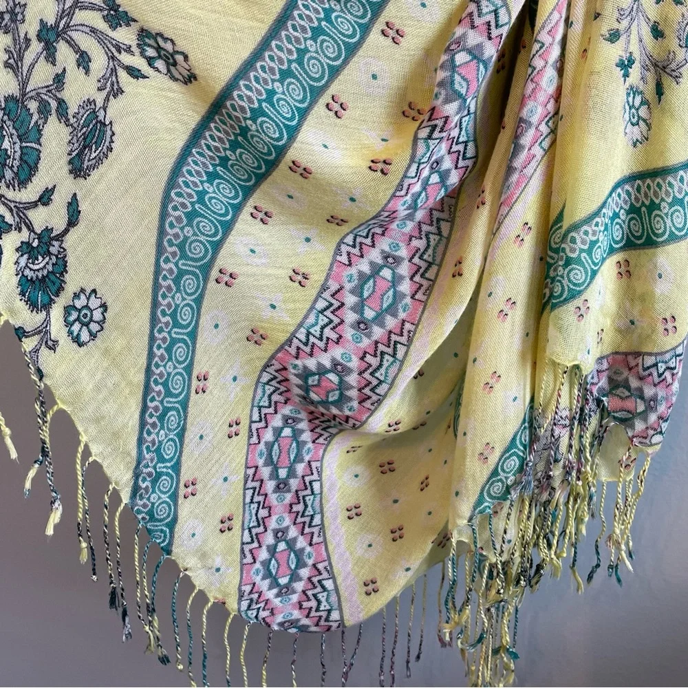 Esprit Bohemian Scarf Pashmina 72x30 Tassels Light Weave Yellow Blue Pink Floral